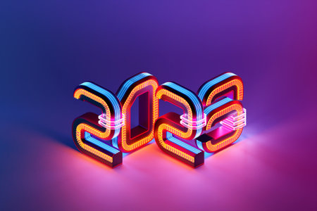 Calendar header number 2023 on pink and blue background. Happy new year 2023 colorful background.の写真素材