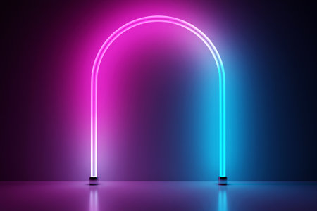3d illustration of a blue and pink round arch on a black background. Simple geometric shapes in a row.の写真素材
