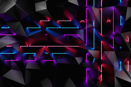 3d illustration black geometric pattern with neon colorful light. Geometry background, pattern