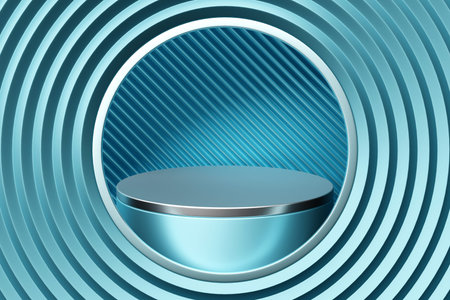 3d illustration of a blue circle podium stand on the background of a geometric composition. 3d...
