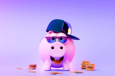 3D illustration, pink piggy bank in sunglasses with Money creative business concept. The pink pig is...