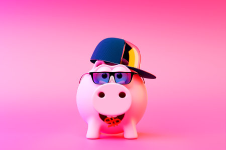 Cheerful piggy bank. Financial savings concept on pastel purple background, 3D rendering. 3d piggy bank with coinの写真素材