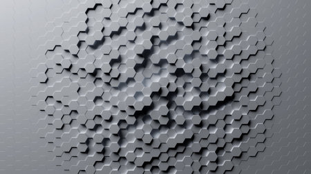 Abstract hexagonal background with depth of field effect, 3d illustration. A large number of gray hexagons. Honeycomb, 3d panel.の写真素材