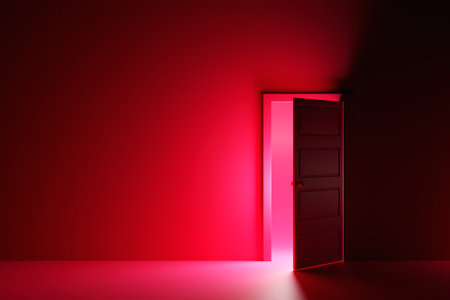 3d illustration of open door from which pink light shines in a dark room with pink light. Riddle, adventure and mystic conceptの写真素材