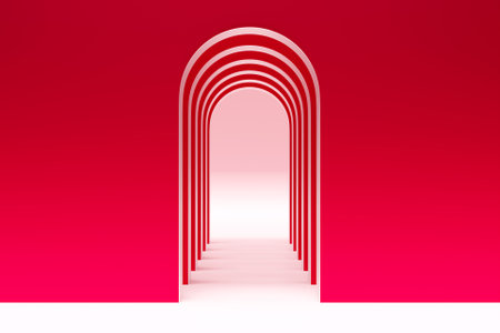 3D rendering. Beautiful geometric arch, gate, portal. Abstract geometric arch on a red background. Round hole, entrance to the wall with a red screen.の写真素材