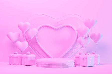 Runway design with hearts, gift boxes and heart shaped balloons. Minimal pink background for...