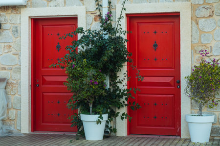 traditional stone Greek house facade with red doors. Close-up of a wooden blue dors and flower in a white stone buildingの写真素材