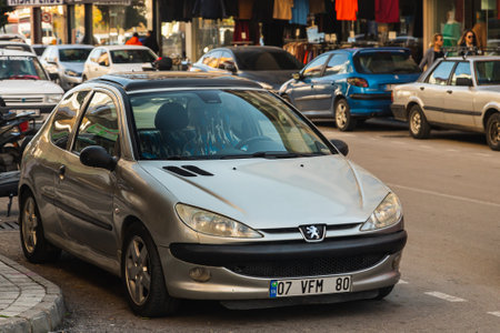 Side, Turkey -January 23, 2023: silver Peugeot 206 is parked on a warm summer day against the backdrop of a streetのeditorial素材