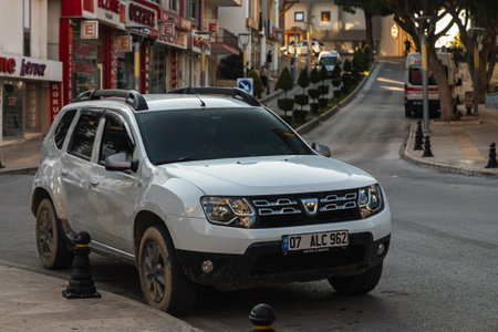 Side, Turkey â February 13 2022: white Mercedes-Benz X-Class is parked on the street on a warm summer day against the backdrop of a buildung, treesのeditorial素材