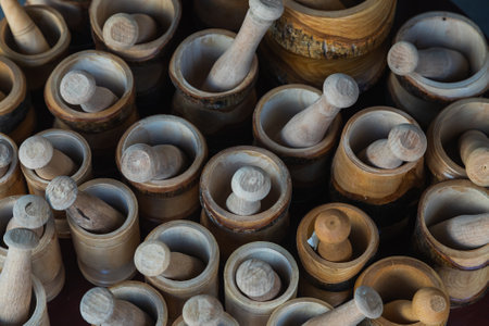 close-up of many new spice mortars in a shop windowの写真素材