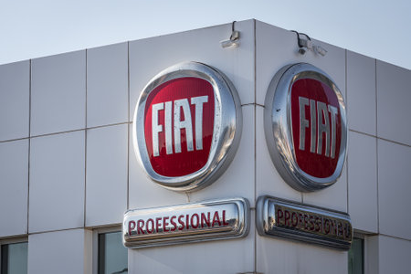 Antalya, Turkey - February 18, 2023: Showroom of FIAT logo on autosalonのeditorial素材