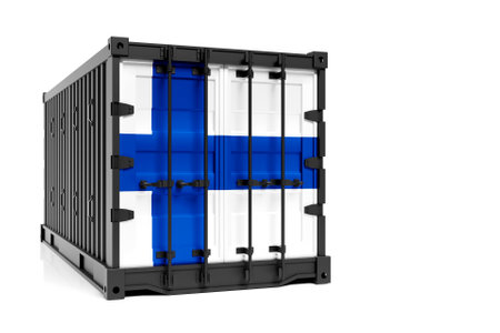 The concept of Finland export-import, container transporting and national delivery of goods. The transporting container with the national flag of Finland, view frontの写真素材