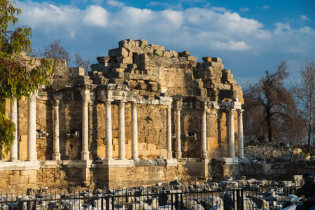 An antique ruined city of columns.Ruin. View of the ancient city in Side, Turkey.のeditorial素材