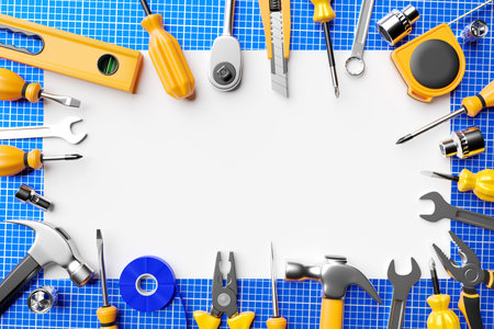 3D illustration of a white field for design and various tools around a screwdriver, ratchet, hammer,...
