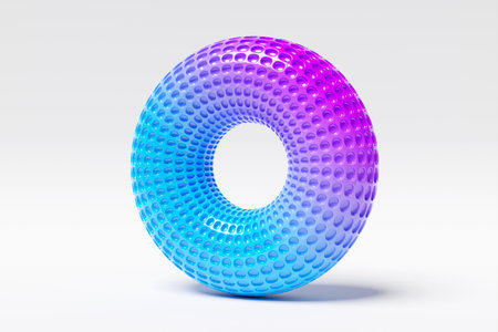 Blue and pink futuristic neon torus donut on white isolated background. 3D rendering