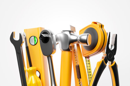 construction tools. Hand tool for home repair and construction. wrench, cutter, electrical tape, ratchet, pliers, level to the row. 3D illustrationの写真素材