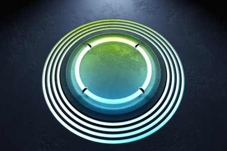 3D illustration of green neon round frame on a black background. rectangle for designの写真素材