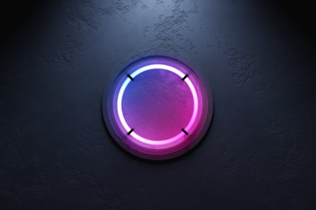 3D illustration of pink and blue neon round frame on a black background. rectangle for designの写真素材