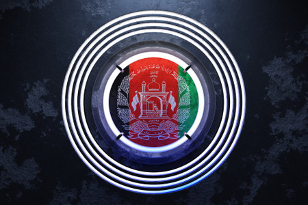 3D illustration of the national flag of Afghanistan in a pink and blue neon round frame on a black background.の写真素材