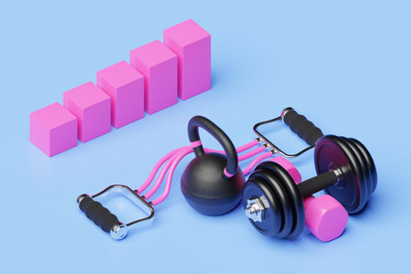 3D illustration, black dumbbells, kettlebells, against the background of a growth graph on a blue background.の写真素材