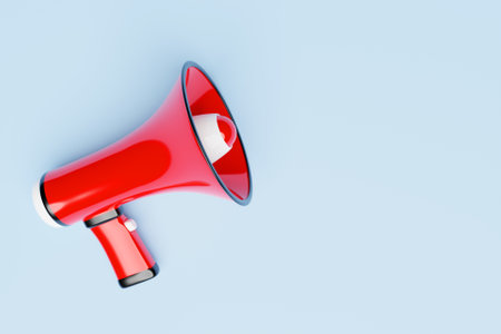 Red megaphone loudspeaker, realistic 3d illustration. Modern isolated megaphone loudspeaker with buzzer and handle, lifeguard emergency signal and speakerphone for announcementsの写真素材