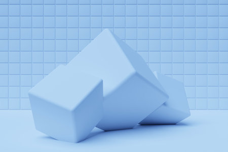 3d illustration of rows of blue cube. parallelogram pattern. technology geometry backgroundの写真素材