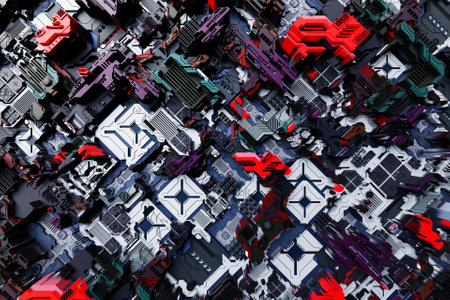 3D illustration of the Close up of the colorful cyber armor. Abstract Graphics in the style of computer games.の写真素材