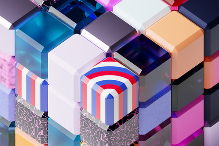 3D illustration volumetric colorful cubes. Parallelogram pattern. technology geometry neon...
