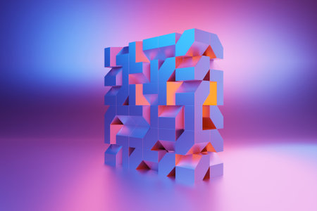 3D illustration, neon illusion isometric abstract shapes colorful shapes intertwinedの写真素材
