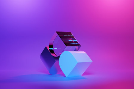 3D illustration, neon illusion isometric abstract shapes colorful shapes intertwinedの写真素材