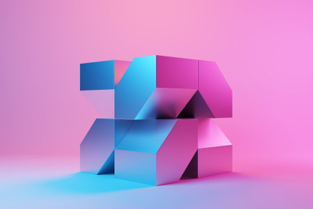 3D illustration of a colorful node under pink neon lights. Fantastic shape .Simple geometric shapesの写真素材