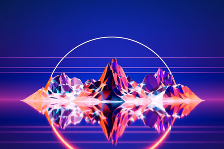 Low poly colorful mountains under neon lights. 3d illustration.の写真素材
