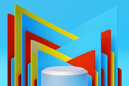 White realistic 3d cylinder pedestal podium on colorful background. Abstract rendering geometric...