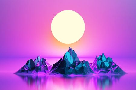 3d rendering, Virtual reality, sunset between the mountains .Design in the style of the 80s....