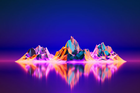 3d illustration neon colorful mountains of different sizes on a blue background. sharp waves. abstract lines. flow background.の写真素材