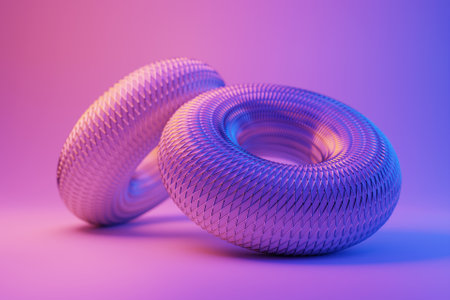 3d illustration. Neon pink torus on monocrome background, pattern. Geometry backgroundの写真素材
