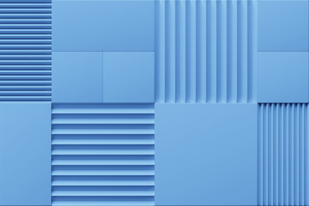 3d illustration of different rows of blue squares .Set of cubes on monocrome background, pattern....