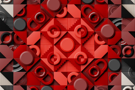 Close-up 3d red, brown and black illustration. Different geometric shapes: torus, square, sphere . Simple geometric shapes, 3D illustrationの写真素材