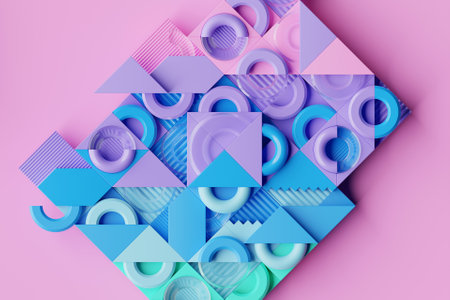3D background with colorful geometric shapes. 3d render of a realistic composition of primitives. Abstract theme for trendy designs.の写真素材