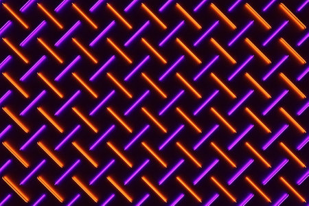 3d illustration of rows of orange and purple stripes flanking cells. Set of mesh on dark background. square pattern. technology geometry backgroundの写真素材