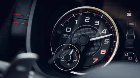 close up black car panel, digital bright tachometer. Tachometer arrow shows speedの写真素材