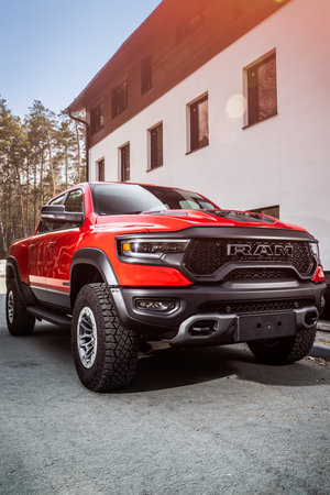 Novosibirsk, Russia - April 25, 2023: Red Dodge Ram Trx, pickup parked in park, front viewのeditorial素材