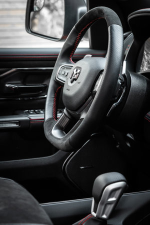 Novosibirsk, Russia - April 25, 2023: Dodge Ram Trx, cockpit interior cabin details, speedometer and tachometer. Black leather interior.のeditorial素材