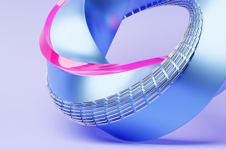 Colorful futuristic neon torus donut on blue isolated background. 3D rendering