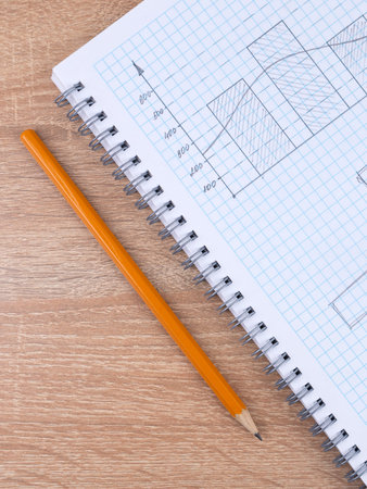 Close-up of a orange slate pencil lying on a checkered notebook, ready to start workの写真素材