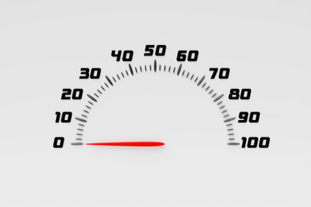 3d illustration of measuring speed icon. Colorful speedometer icon, speedometer pointer points to red colorの写真素材