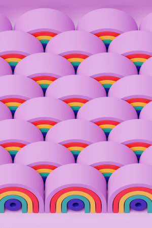 3d illustration, cartoon rainbow pattern in the shape of an arc. Children's room interior design, poster, postcard.の写真素材