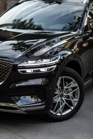 Novosibirsk, Russia - August 29 , 2023: black Hyundai Genesis, car with clear light headlight, bumper, foglightsのeditorial素材