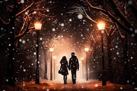 silhouette of a couple in love looking at each other in a winter city alley on a dark evening, Generative AIの素材