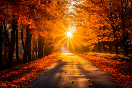 Autumn alley with beautiful golden colors and leaves, bluerred background. Generative AIの素材